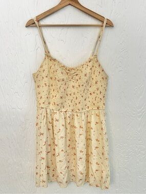 AMERICAN EAGLE Smocked Ditsy Floral Mini Dress XL Butter Yellow Babydoll Cottage